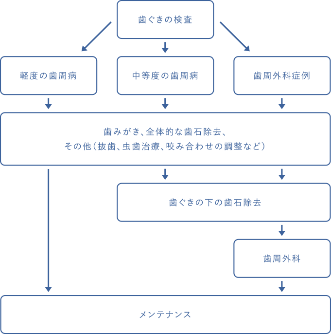 歯ぐきの検査 軽度の歯周病 中等度の歯周病 歯周外科症例 歯みがき、全体的な歯石除去、その他（抜歯、虫歯治療、咬み合わせの調整など） 歯ぐきの下の歯石除去 歯周外科 メンテナンス